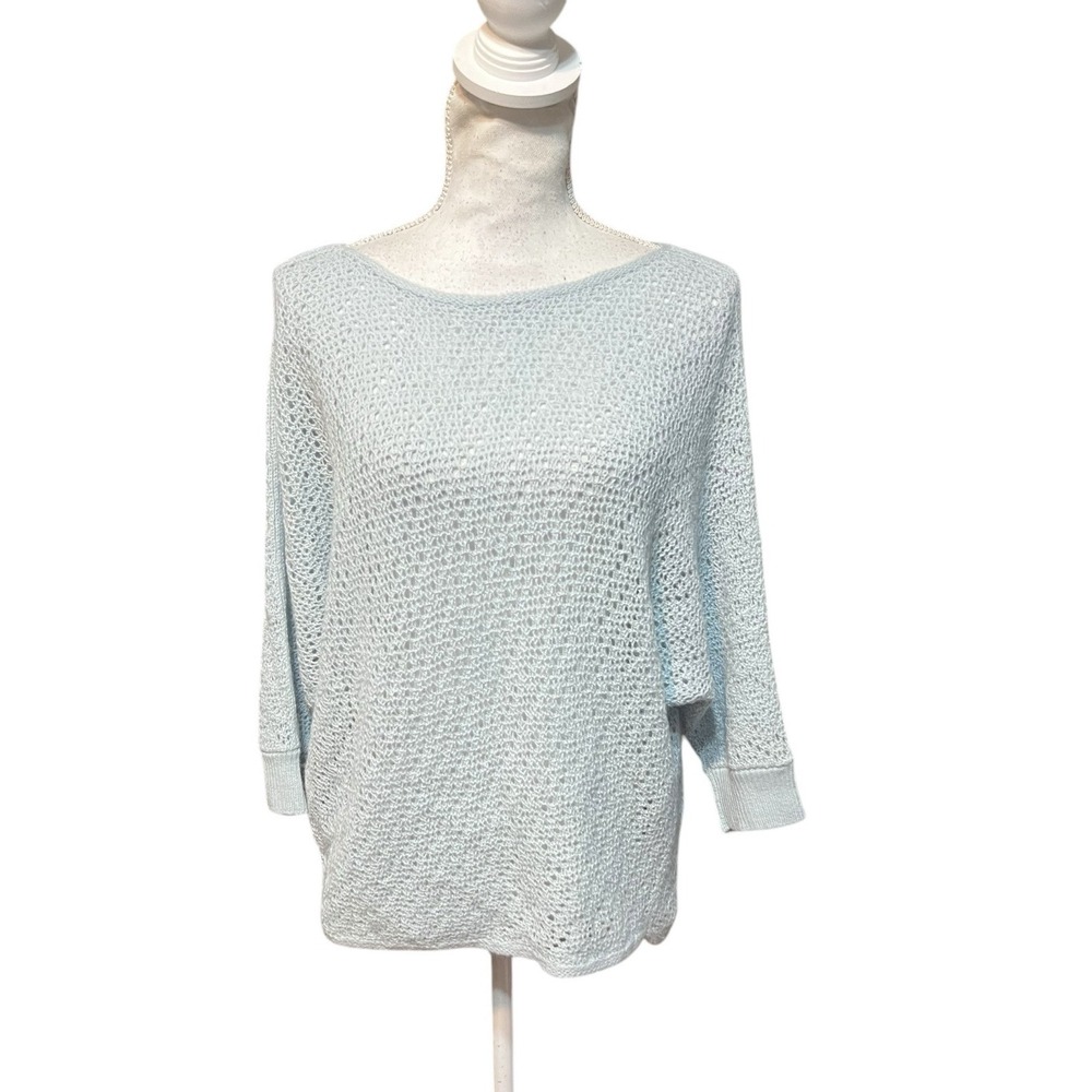 Anntarah Baby Alpaca Sweater Women S M Blue Peruvian Loose Weave 3/4 Sleeve NWT